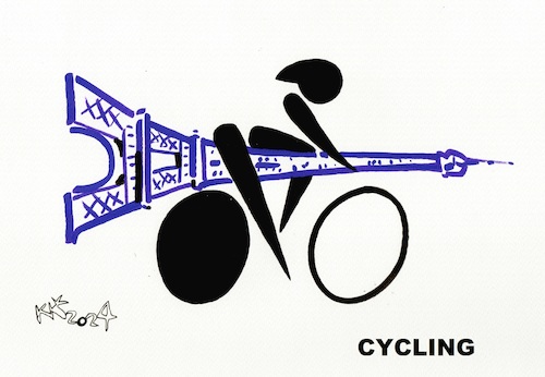 Cartoon: Interpretation of signs. Cycling (medium) by Kestutis tagged cycling,olympic,fahrrad,bicycle,eiffel,tower,kestutis,lithuania,games,sign,sports,paris,2024