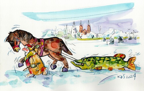 Cartoon: Lithuania. Fishermans events (medium) by Kestutis tagged fish,ice,winter,horse,snow,kestutis,lithuania,pike