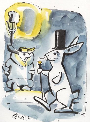 Cartoon: ILLUSIONIST (medium) by Kestutis tagged hare,hase,kestutis,animal,illusionist,spaziergang,magier,winter,tier