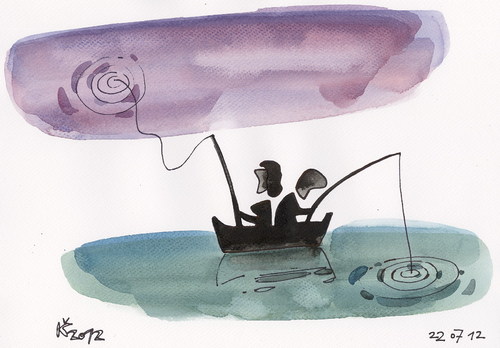 Cartoon: MAN AND WOMAN IN THE BOAT (medium) by Kestutis tagged wasser,meer,sea,kestutis,himmel,sky,water,boat,woman,man