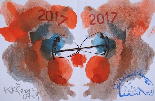 Cartoon: New policy.  2017 Cock year (medium) by Kestutis tagged cock,year,comic,dada,mail,art,postcard,rooster,klecksography,kestutis,lithuania