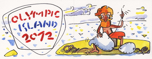 Cartoon: OLYMPIC ISLAND. Olympic rings (medium) by Kestutis tagged lithuania,siaulytis,kestutis,sport,summer,sirenia,animal,2012,sun,sand,beach,london,island,rings,olympic,ocean,palm,siren