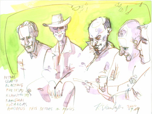 Cartoon: PAINTERS IN DRUSKININKAI (medium) by Kestutis tagged summer,druskininkai,lithuania,kestutis,watercolor,sketch,river,artist,painter,performs
