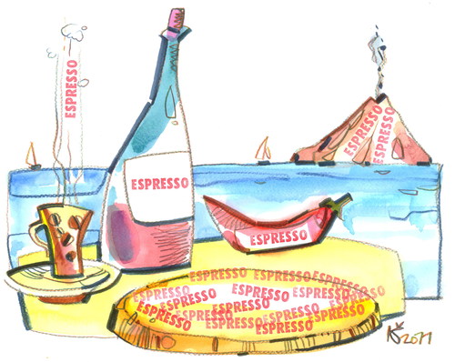 Cartoon: pizza - espresso (medium) by Kestutis tagged kestutis,wine,summer,travel,sea,coffe,pizza,italy,pizzapitch