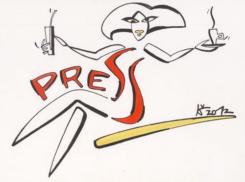 Cartoon: PRESS (medium) by Kestutis tagged cocktail,woman,man,letter,calligraphy,coffee,communication,press,yellow,gelb