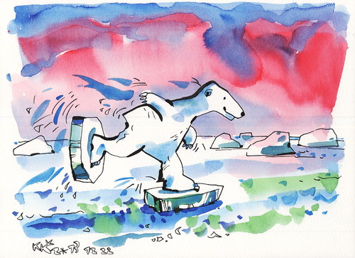 Cartoon: Skating in the Arctic Ocean (medium) by Kestutis tagged winter,sports,olympic,skating,arctic,ocean,animal,nature,polar,bear,lights,aurora,borealis,sochi,2014,kestutis,lithuania