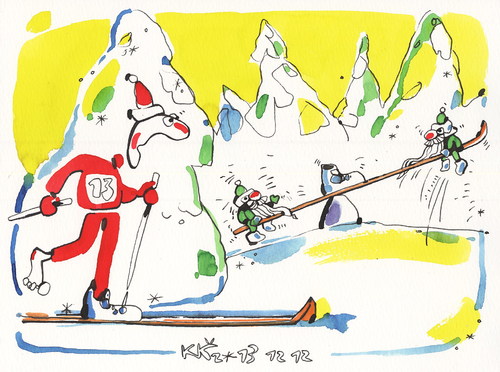 Cartoon: Alpine skiing. Skier adventures (medium) by Kestutis tagged lithuania,kestutis,mountain,2014,sochi,olympic,sports,winter,skiing,adventures,skier,dwarf