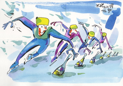 Cartoon: Speed Skating. Victory Champagne (medium) by Kestutis tagged speed,skating,winter,sports,olympic,sochi,2014,ice,champagne,victory
