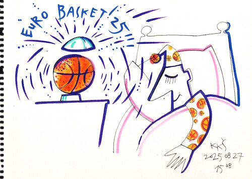 Cartoon: Time to wake up (medium) by Kestutis tagged euro,fiba,bed,sleep,clock,sports,kestutis,lithuania,basket,basketball,2025