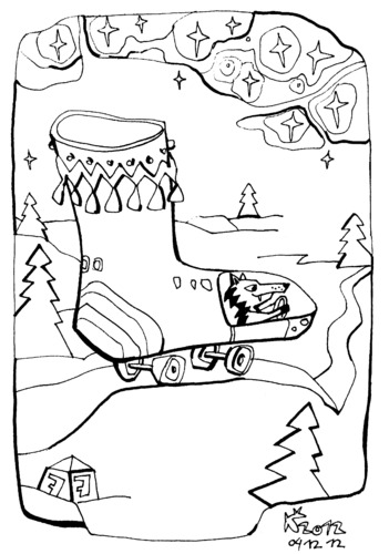 Cartoon: Wolf rides to Santa Claus (medium) by Kestutis tagged wald,weihnachten,christmas,forest,animal,nature,lithuania,kestutis,winter,spruce,color,claus,santa,wolf