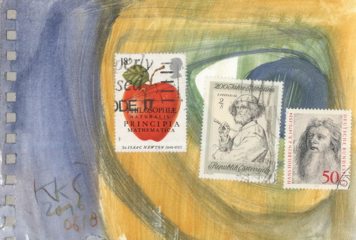 Cartoon: Art And Artists (medium) by Kestutis tagged dada,postcard,art,artists,painting,apple,kestutis,lithuania,postage,stamps,comic