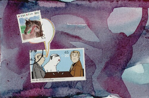 Cartoon: Conversation about life (medium) by Kestutis tagged stamp,stories,life,loriot,dada,horse,pferd,postcard,art,kunst,kestutis,lithuania
