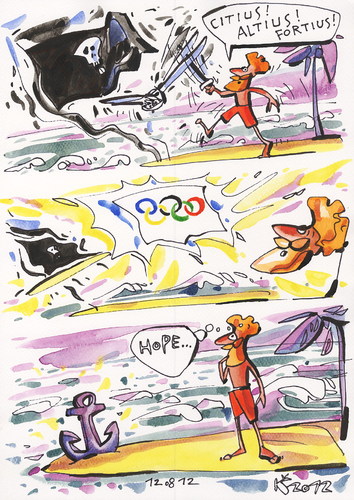 Cartoon: OLYMPIC ISLAND. Fencing (medium) by Kestutis tagged sword,skull,flag,fight,anchor,lithuania,siaulytis,kestutis,hope,fortius,citius,altius,sport,desert,summer,2012,london,island,olympic,pirate,strip,comic,comics,fencing,smoke