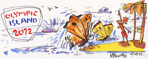 Cartoon: OLYMPIC ISLAND. Swimming (medium) by Kestutis tagged butterfly,comics,comic,desera,ocean,palm,lithuania,siaulytis,kestutis,finish,sport,summer,2012,london,insel,island,olympic,swimming,strip