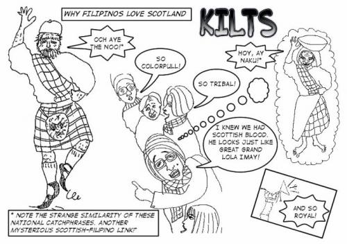 Cartoon: KILTS! (medium) by mestizalandlady tagged scotland,filipinos,kilts,childhood,holidays,ethnicity,race,character,man