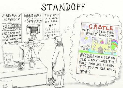 Cartoon: Standoff (medium) by mestizalandlady tagged housepricecrash,housingcrash,property,househunting,estateagents,housing,housingmarket,propertyboom