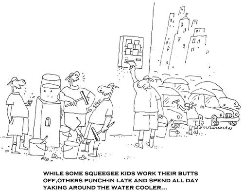 Cartoon: squeegee kids (medium) by ouzounian tagged unemployment,jobs,watercooler,office,squeegeekids,city,teenagers