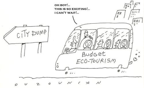 Cartoon: faking enthusiasm (medium) by ouzounian tagged dump,city,ecology,nature,environment,tourism,travel,ecotourism