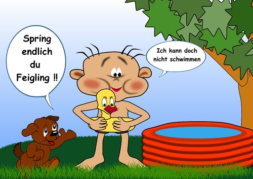 Cartoon: ängstlicher Junge (medium) by RiwiToons tagged pool,kind,hund,badeente,schwimmring,baum,sommer,hitze