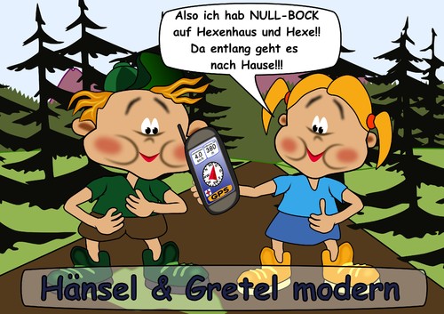 Cartoon: Hänsel und Gretel mit GPS (medium) by RiwiToons tagged geocaching,schnitzeljagd,märchen,hänsel,gretel,gpsempfänger,navi,navigationsgerät,trendsport,hobby,freizeit,schatzjäger,schatzsucher