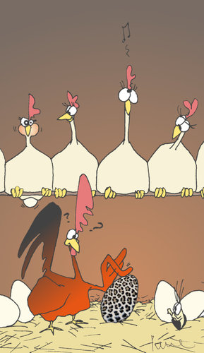 Cartoon: - - - (medium) by Pierre tagged ei,hahnrei,fremdgehen,betrügen,hühnerstall,henne,hahn,miesmuschel,leopard