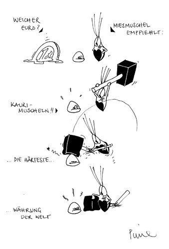 Cartoon: Muschelweisheiten (medium) by Pierre tagged hartwährung,währungskrise,euro,währung,kaurimuschel,miesmuschel,muschel