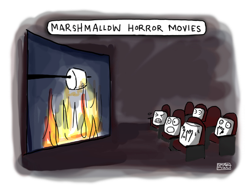 Cartoon: Marshmallow Horror Movies (medium) by a zillion dollars comics tagged media,film,movies,entertainment,camping,food,fear,terror