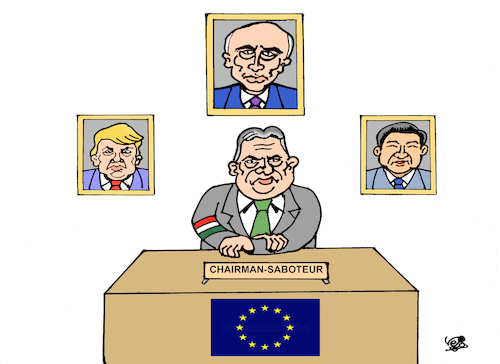 Cartoon: ORBAN Chairman EU (medium) by Vejo tagged orban,chairman,eu,contrarian,hungary,poetin,xi,jinping,trump