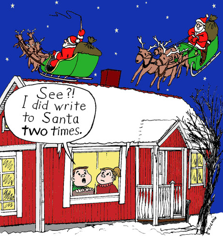Cartoon: Two Santas (medium) by Alan tagged reindeer,sleigh,snow,christmas,house,stuga,kids,two,letter,santa