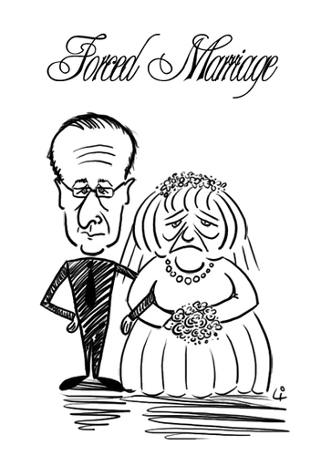 Cartoon: Forced Marriage Franco-Allemande (medium) by elke lichtmann tagged merkel,hollande,election,wahl,president,präsident,hochzeit