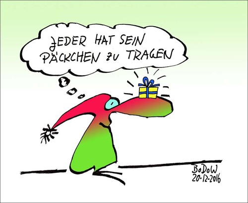 Cartoon: Fröhliche Weihnachten ... (medium) by BoDoW tagged päckchen,glück,schicksal,ertragen,sein,weihnachten,fröhlich,glücklich,schöne