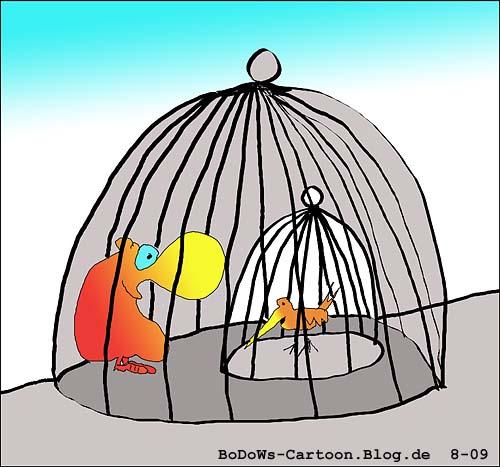 Cartoon: Two friends (medium) by BoDoW tagged käfighaltung,ahnungslos,freunde,friends,together,zusammen,cage,käfig,gefängnis,prison,imprisoned,freedom,freiheit,gefangen,freundschaft,friendship