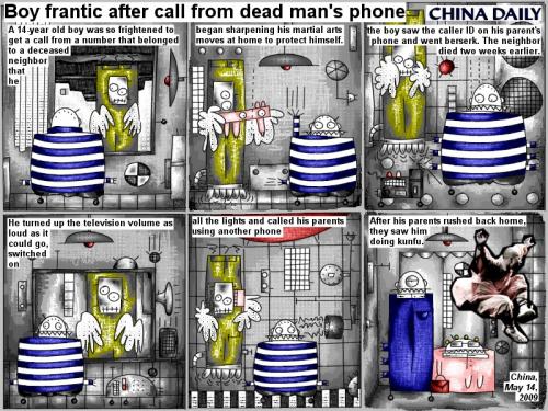 Cartoon: Call from dead man s phone (medium) by bob schroeder tagged comic,webcomic,boy,call,deceased,neighbor,martial,arts,television,kungfu