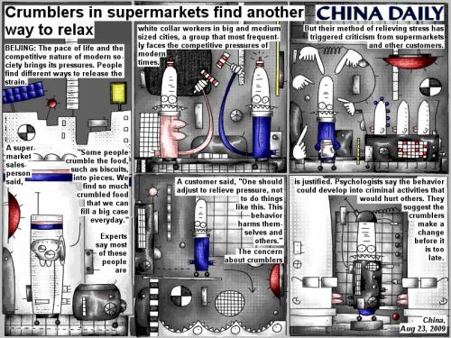 Cartoon: Crumblers in supermarkets (medium) by bob schroeder tagged comic,webcomic,pace,life,competitive,nature,modrn,society,presures,strain,supermarket,salesperson,crumbled,food,biscuits,experts,people,white,collar,workers,big,medium,sized,cities,relieving,stress,criticism,customers,concern,psychologists,criminal,activi