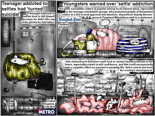 Cartoon: selfie addict (medium) by bob schroeder tagged selfie,addiction,suicide,foto,narcissism,youth