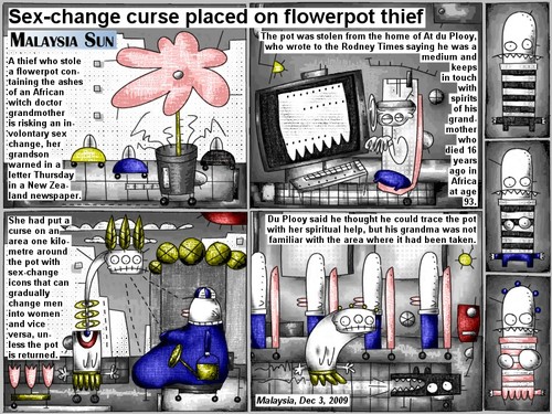 Cartoon: sex-change curse (medium) by bob schroeder tagged comic,webcomic,thief,flowerpot,ashes,african,witch,doctor,grandmother,change,grandson,letter,newspaper,home,medium,spirits,curse,area,icons,men,women,spiritual,help