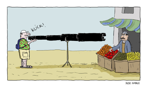 Cartoon: The Tourist - First Contact (medium) by Huse Fack tagged tourism,tourist,travel