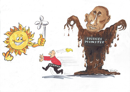Cartoon: Fossiles Monster (medium) by Skowronek tagged putin,energie,sonne,windenergie,fossile