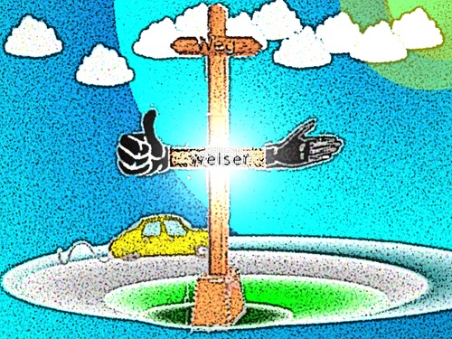 Cartoon: Wegweiser (medium) by Nikklaus tagged ziel,himmel,kreuz,wegweiser,auto,weiser,weg,kreis