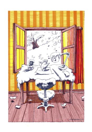 Cartoon: Am Tisch gegenüber sitzt... (medium) by Mehmet Karaman tagged winter,schnee,vogel,arbeitstisch,fenster