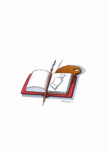 Cartoon: Schreibkunst (medium) by Mehmet Karaman tagged schreiben,lesen,literatur,buch,pinsel