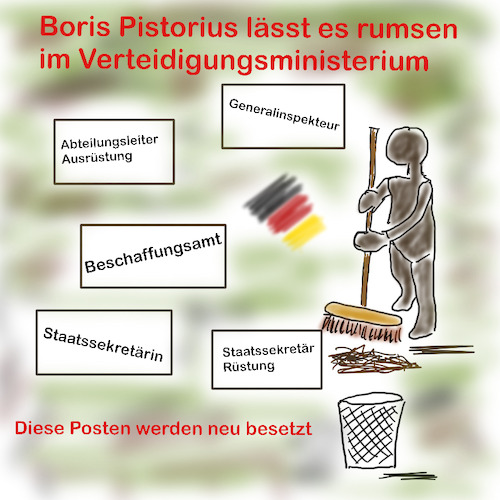Cartoon: Boris P. räumt im BMVg auf (medium) by legriffeur tagged bundeswehr,bundesverteidigungsministerium,bundesverteidigungsminister,deitschland,verteidigung,deutschland,borisräumtauf,verteidigungsministerpistorius