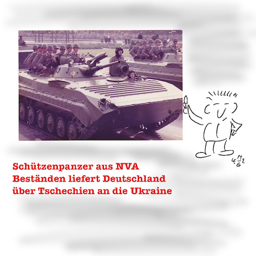 Cartoon: Panzer für die Ukraine (medium) by legriffeur tagged ukraine,ukrainekonflikt,ukrainekrieg,legriffeur61,cartoon,cartoons,europa,verteidigung,aussenpolitik,deutschland,putin,militär,militärhilfe,waffen,nva,bmp1
