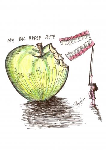 Cartoon: My Big Apple Byte (medium) by cindyteres tagged sketch,drawing,scribble,nyc,new,york,city,denture,laugh,girl,lady,female,woman,women,big,apple,opportunities,mega,byte,credit,crunch,crisis,editorial,cartoon,humour,poster,caricature,remy,francis,india,dubai,animator,cartoonist,caricaturist