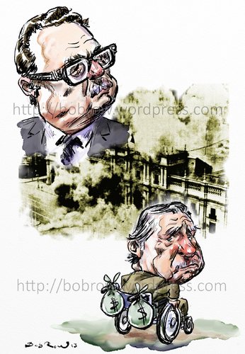 Cartoon: Allende and Pinochet (medium) by Bob Row tagged allende,pinochet,chile,imperialism,cia,kissinger,neoliberalism