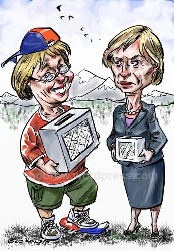 Cartoon: Bachelet_Matthei (medium) by Bob Row tagged chile,bachelet,matthei,elections,politics,democracy,reforms,inequality