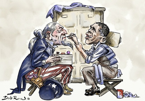 Cartoon: Obama does make-up to Uncle Sam (medium) by Bob Row tagged unclesam,obama,politics,capitalism,caricature