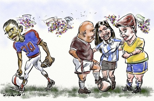 Cartoon: Obama_Latin America go separate (medium) by Bob Row tagged obama,chavez,fernandez,rousseff,celac,soccer,football