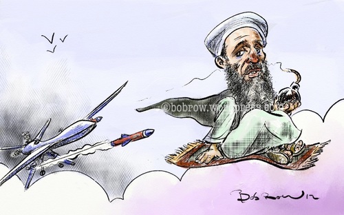 Cartoon: Predator vs Bin Laden (medium) by Bob Row tagged democracy,control,surveillance,police,drones,binladen,predator
