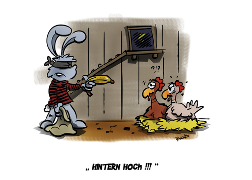 Cartoon: Hopp Hopp (medium) by subbird tagged ostern,osterhase,osterei,eierklau,ei,hühner,huhn,hopp